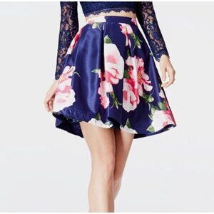 Sequin Hearts Navy Blue Bold Floral Skirt Size 7 Juniors Statement Pink Flowers